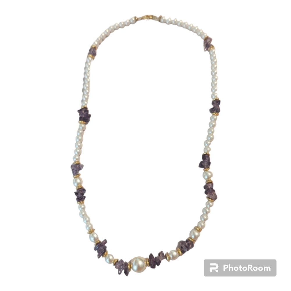 Vintage Pearls & Amethyst Nuggets Gold Tone Beaded Necklace 21"